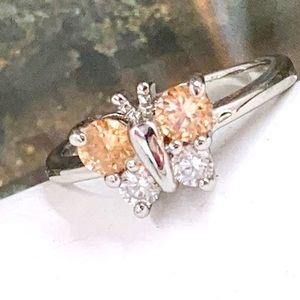 Butterfly 🦋 champagne clear crystal silver ring size 7